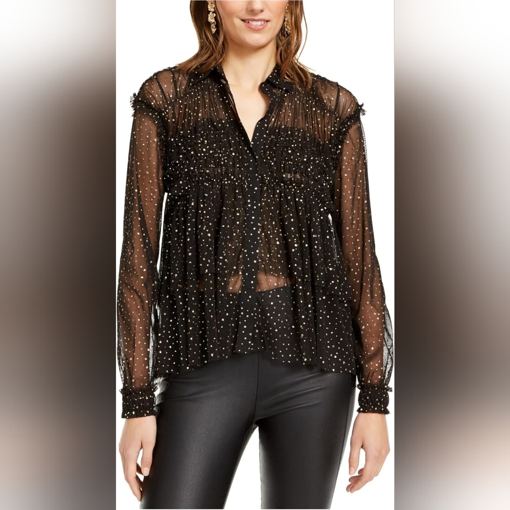 International Concepts Women's L Sparkly Blouse Ruffle Sheer Long Sleeve Collar